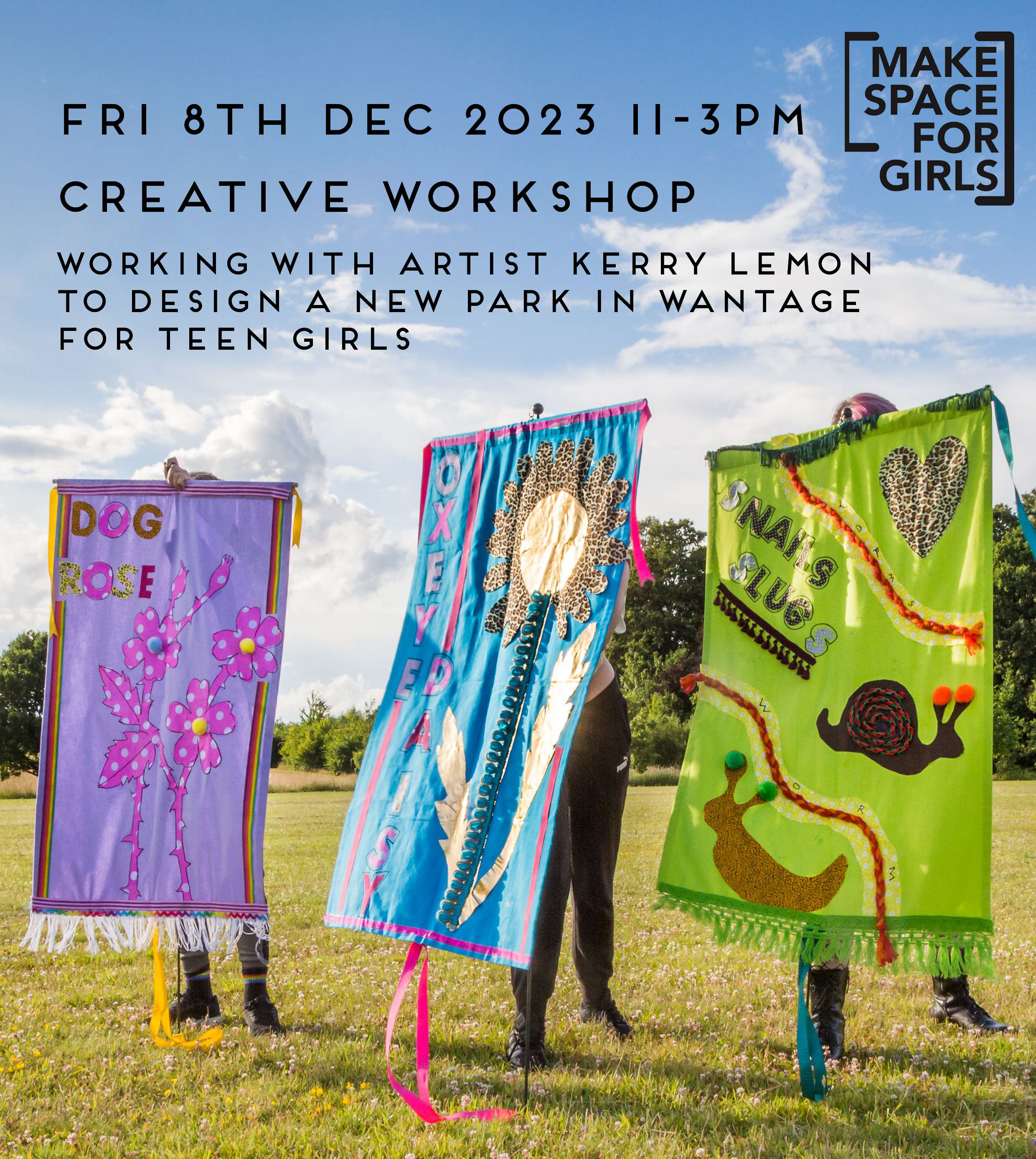 Working with artist Kerry Lemon to design a new park in Wantage for teen girls. Free creative workshop - Friday 8 December - 11am - 3pm. 16-19 yr olds not identifying as male (female/ non-binary/ trans/ neither) Abingdon & Witney College, Wootton Road, Abingdon, OX14 1GG Contact kerry@kerrylemon.co.uk